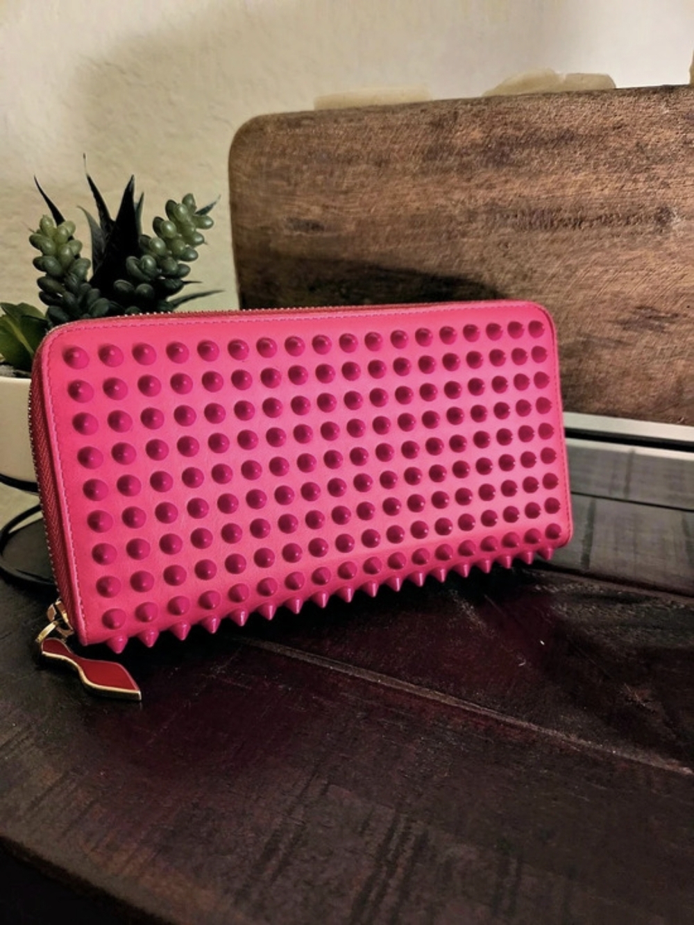 🔥Christian Louboutin Panettone Spiked Zip Around Wallet Pink Wristlet Clutch